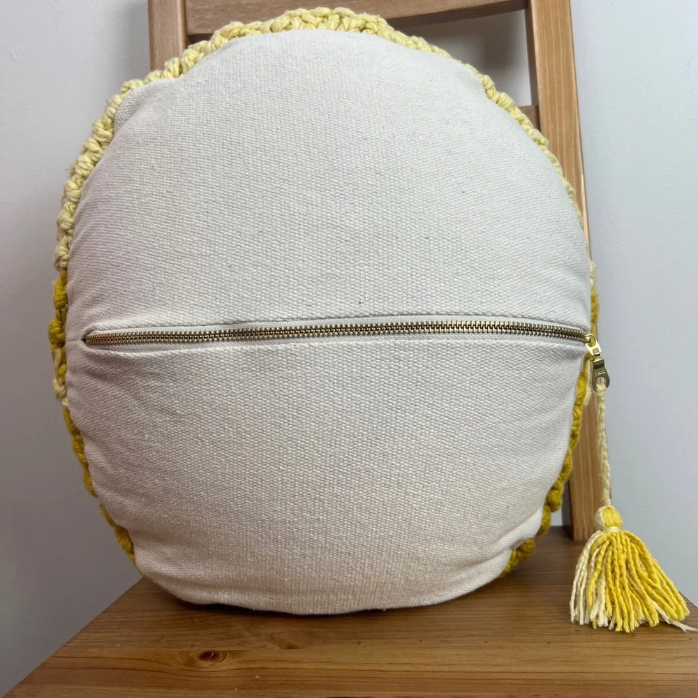 Anthropologie Hand Knit Lawrence‎ Pillow Round Chunky Knit Cotton Yellow 16